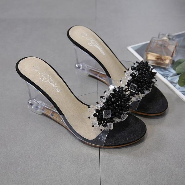female slippers womens shoes 8cm high heel slides flower wedges crystal transparent wedding sandals, Black
female slippers womens shoes 8cm high heel slides flower wedges crystal transparent wedding sandals, Black