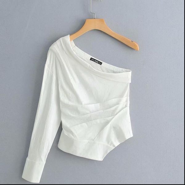 women blouses fashion solid color one shoulder pleated shirt irregular hem white roupas femininas chemise ls3222
women blouses fashion solid color one shoulder pleated shirt irregular hem white roupas femininas chemise ls3222