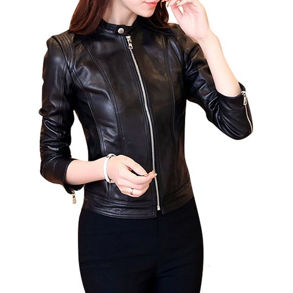 women's leather & faux synthetic jacket stand collar long sleeve slim fit 6kjm, Black
women's leather & faux synthetic jacket stand collar long sleeve slim fit 6kjm, Black