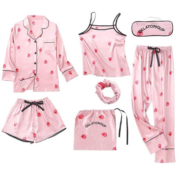 7pcs silk pajamas set women print faxu sleepwear robe camisole sleep shorts pants blindfold nightgown home clothes women's, Black;red
7pcs silk pajamas set women print faxu sleepwear robe camisole sleep shorts pants blindfold nightgown home clothes women's, Black;red