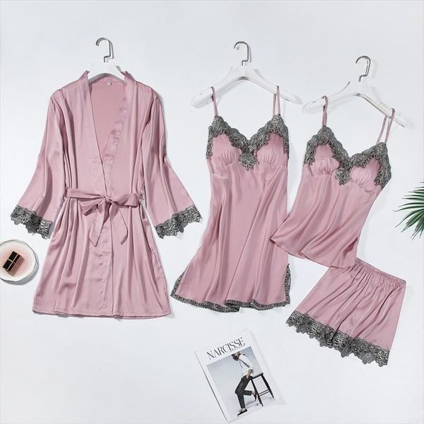 pink silk satin pajamas 4pc womens sleepwears strap pants suit sets casual home wear robe bath gown, Black;red
pink silk satin pajamas 4pc womens sleepwears strap pants suit sets casual home wear robe bath gown, Black;red