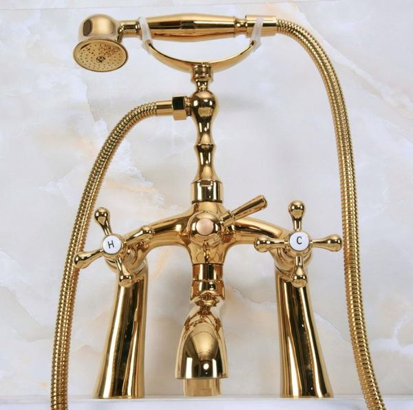 polished gold color brass deck mounted clawfoot bathroom tub faucet dual cross handles telephone style hand shower head ana145 sets
polished gold color brass deck mounted clawfoot bathroom tub faucet dual cross handles telephone style hand shower head ana145 sets