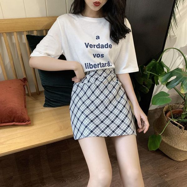 letter printing short-sleeved t-shirt + high waist plaid skirt two-piece suit women women's, White
letter printing short-sleeved t-shirt + high waist plaid skirt two-piece suit women women's, White