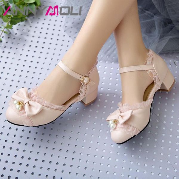 dress shoes annymoli woman pumps lolita two piece buckle strap bow square high heels lace string bead lady party cosplay 33-44, Black