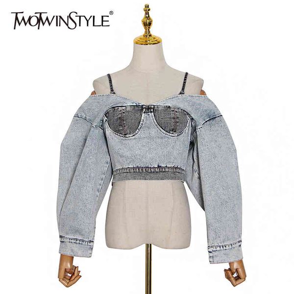 denim patchwork coat for women slash neck lantern sleeve backless short female clothing fall 210524, Black;brown
denim patchwork coat for women slash neck lantern sleeve backless short female clothing fall 210524, Black;brown