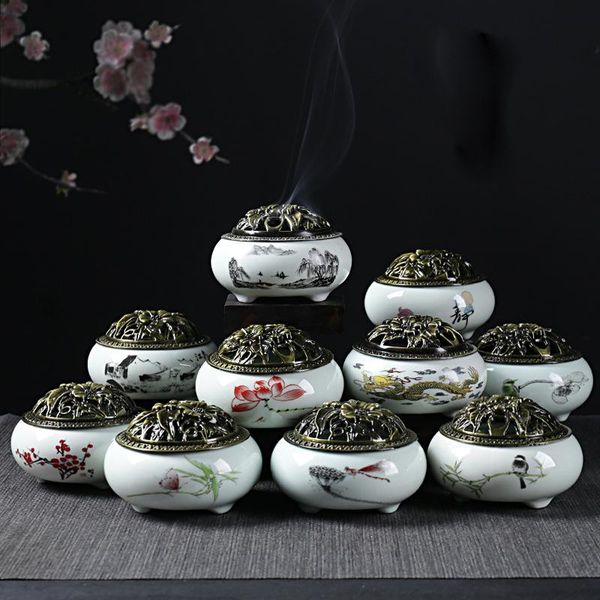 fragrance lamps incense burner ceramic plate copper cover buddha antique alloy thread 4 hour tower home decor ornament 
fragrance lamps incense burner ceramic plate copper cover buddha antique alloy thread 4 hour tower home decor ornament