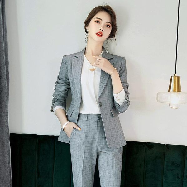 women's two piece pants fashion high-quality professional wear work clothes interview casual plaid long sleeve female jacket slim trous, White
women's two piece pants fashion high-quality professional wear work clothes interview casual plaid long sleeve female jacket slim trous, White