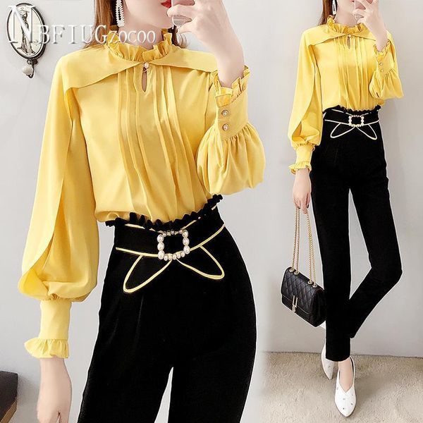 two piece dress 2021 office lady sweet women sets bright yellow blouse and black pants female, White
two piece dress 2021 office lady sweet women sets bright yellow blouse and black pants female, White