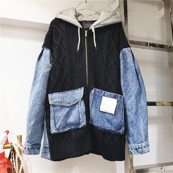 women's jackets european station 2021 autumn zipper hooded stitching denim long-sleeved sweater coat women, Black;brown
women's jackets european station 2021 autumn zipper hooded stitching denim long-sleeved sweater coat women, Black;brown