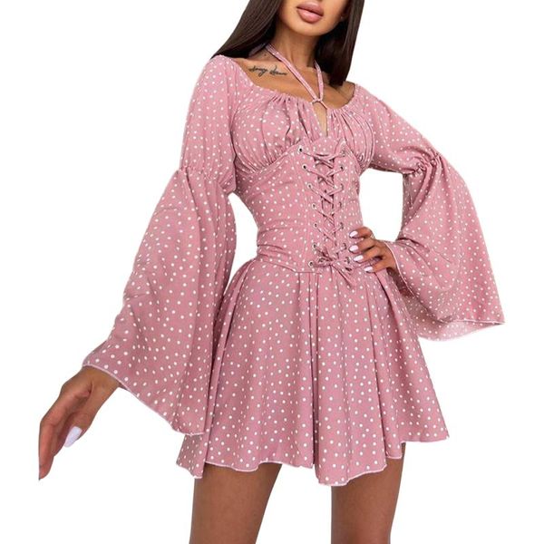casual dresses ladies hanging neck dress summer women temperament dot printing chest tie up flare long sleeve slim short skirt, Black;gray
casual dresses ladies hanging neck dress summer women temperament dot printing chest tie up flare long sleeve slim short skirt, Black;gray