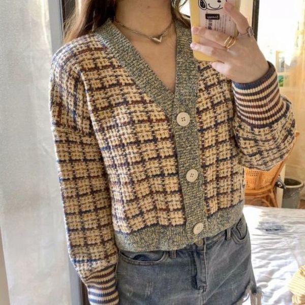 women's sweaters autumn shirt jacket loose short plaid female cardigan sweater 2ux7, White;black
women's sweaters autumn shirt jacket loose short plaid female cardigan sweater 2ux7, White;black