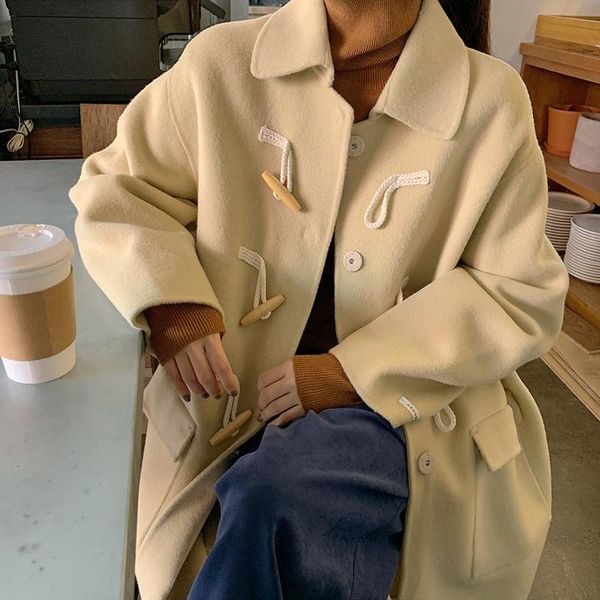 women's wool & blends women loose long coat winter horn button woolen overcoat female maxi outerwear full sleeve solid color jacket, Black
women's wool & blends women loose long coat winter horn button woolen overcoat female maxi outerwear full sleeve solid color jacket, Black