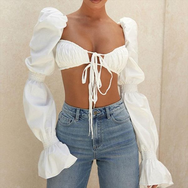 fashion summer bandage solid women shirt cotton lantern long sleeve short adjustable lace up strap crop, White
fashion summer bandage solid women shirt cotton lantern long sleeve short adjustable lace up strap crop, White