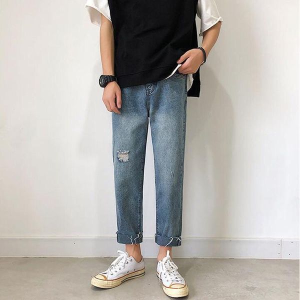 men's jeans 2021 spring personalized denim pants korean fashion hole brand loose straight casual, Blue
men's jeans 2021 spring personalized denim pants korean fashion hole brand loose straight casual, Blue