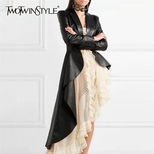 twotwinstyle elegant pu leather asymmetrical women's coat lapel collar high waist sashes female coats autumn fashion 211215, Black
twotwinstyle elegant pu leather asymmetrical women's coat lapel collar high waist sashes female coats autumn fashion 211215, Black