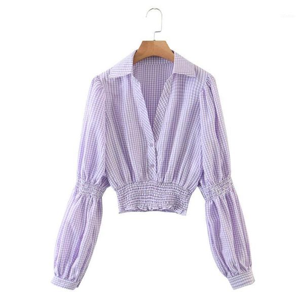 autumn women french niche design purple plaid shirt v-neck puff sleeve slim short women's blouses & shirts, White
autumn women french niche design purple plaid shirt v-neck puff sleeve slim short women's blouses & shirts, White