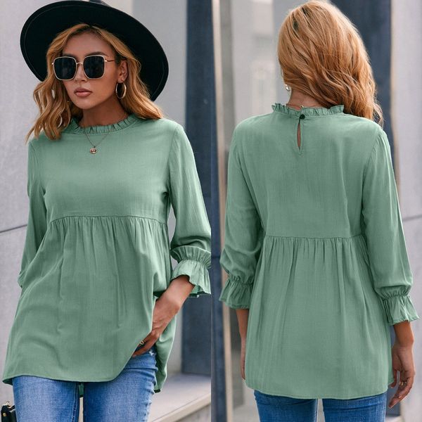 women's blouses & shirts loose casual collar leaf sleeve shirt solid color round neck three-quarter women, White
women's blouses & shirts loose casual collar leaf sleeve shirt solid color round neck three-quarter women, White