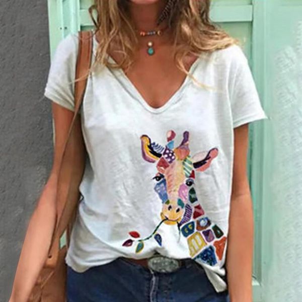 women's t-shirt casual harajuku style cartoon giraffe print v neck short sleeve loose women pulovers oversized femme, White
women's t-shirt casual harajuku style cartoon giraffe print v neck short sleeve loose women pulovers oversized femme, White