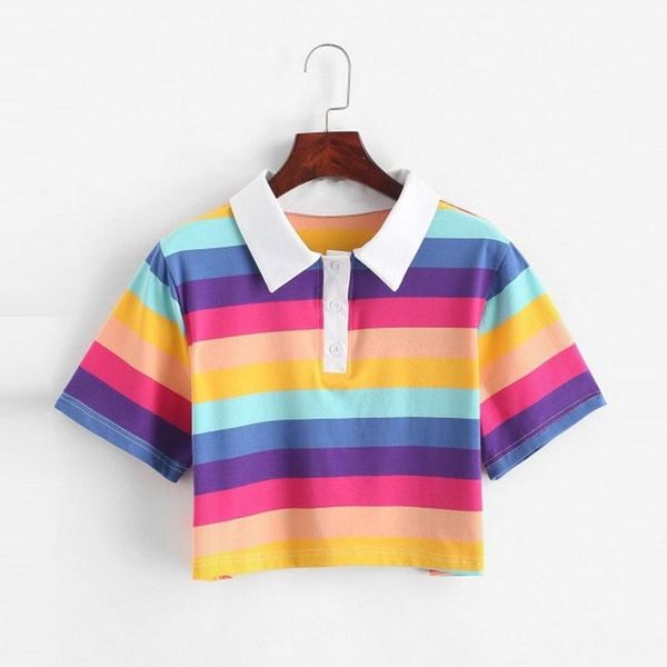women's t-shirt qrwr t shirts women 2021 korean fashion rainbow striped short casual cute lapel sleeve summer shirt for girl, White 
women's t-shirt qrwr t shirts women 2021 korean fashion rainbow striped short casual cute lapel sleeve summer shirt for girl, White
