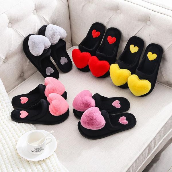 slippers women winter home shoes house warm love heart non-slip floor furry fashion fur soft slides, Black