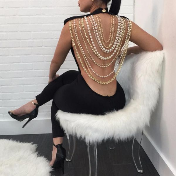 women's jumpsuits & rompers fashion pearls chain backless jumpsuit women 2021 spring summer o neck slim bodycon playsuit ladies party c, Black;white
women's jumpsuits & rompers fashion pearls chain backless jumpsuit women 2021 spring summer o neck slim bodycon playsuit ladies party c, Black;white