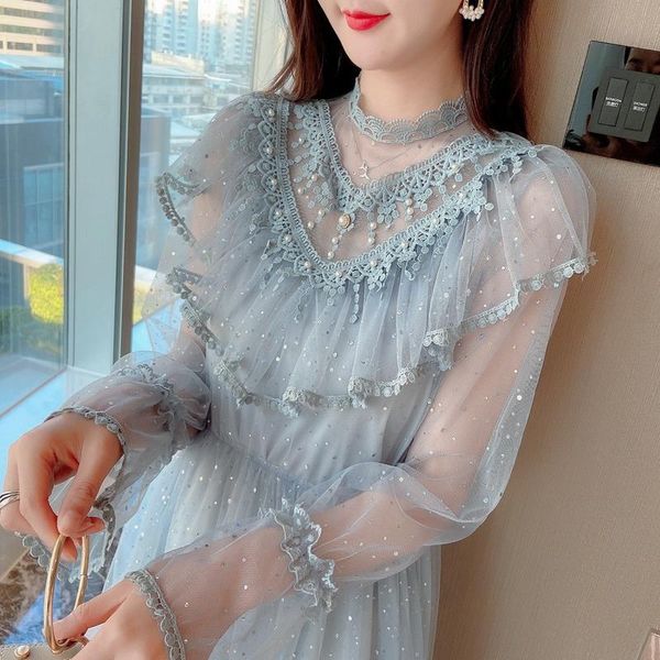 casual dresses 2021 women summer romantic tulle fairy dress stand collar beading tassels soild ruffles mesh cute mid vestidos, Black;gray
casual dresses 2021 women summer romantic tulle fairy dress stand collar beading tassels soild ruffles mesh cute mid vestidos, Black;gray
