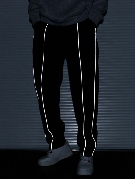 men reflective contrast piping drawstring waist pants n2ib#, Black