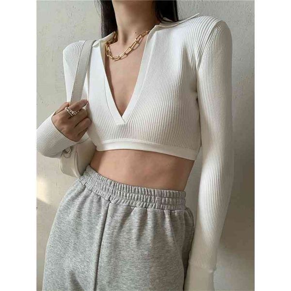 slim v-neck white knitted bottoming shirt women's autumn long-sleeved pullover short 210529
slim v-neck white knitted bottoming shirt women's autumn long-sleeved pullover short 210529