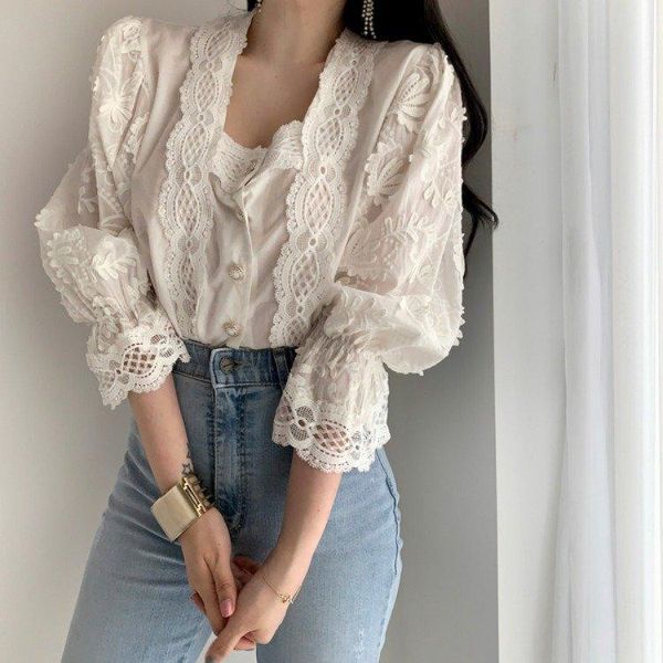 women's blouses & shirts sleeve women retro hollow out shirt square collar jacquard lace blouse single breasted puff korean chic autum, White
women's blouses & shirts sleeve women retro hollow out shirt square collar jacquard lace blouse single breasted puff korean chic autum, White