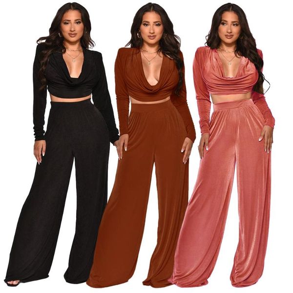women's two piece pants chiclover velour wide leg temperament matching suit wholesale long sleeve draped crop women set streetwear, White
women's two piece pants chiclover velour wide leg temperament matching suit wholesale long sleeve draped crop women set streetwear, White