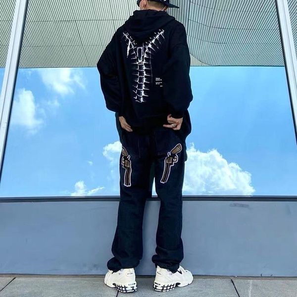 men's pants gun and stars embroidered jeans women's fashion high street hip hop loose straight wide leg casual trousers, Black
men's pants gun and stars embroidered jeans women's fashion high street hip hop loose straight wide leg casual trousers, Black