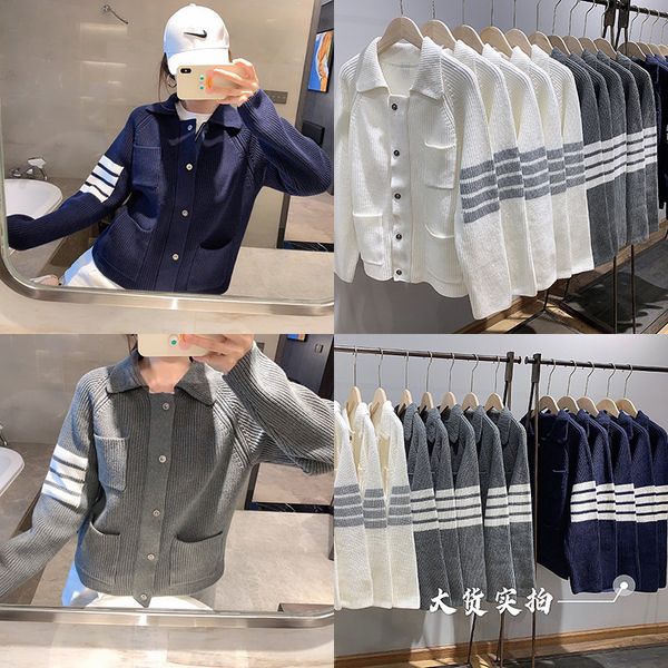 tb thick needle sweater coat grey zipper four bar red white blue ribbon wool female 
tb thick needle sweater coat grey zipper four bar red white blue ribbon wool female