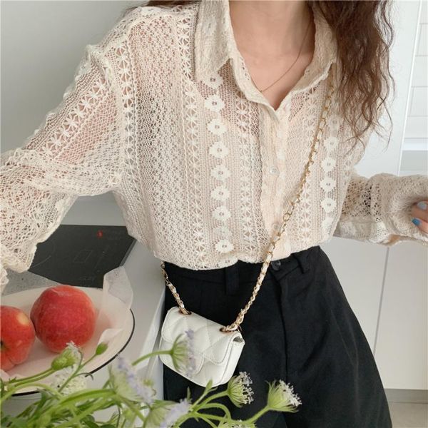 women's blouses & shirts 2021 women summer perspective shirt lace hook flower loose blouse single breasted lapel collar full sleeve sun, White
women's blouses & shirts 2021 women summer perspective shirt lace hook flower loose blouse single breasted lapel collar full sleeve sun, White