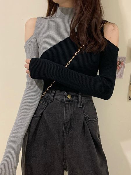 women's sweaters design sense niche off shoulder stitching contrast color long sleeve sweater autumn 2021 slim top, White;black
women's sweaters design sense niche off shoulder stitching contrast color long sleeve sweater autumn 2021 slim top, White;black