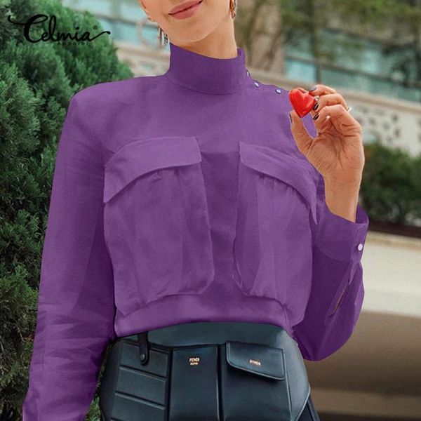 women's blouses & shirts celmia 2021 fashion women casual stand-up collar spring autumn long sleeve chest pocket solid work blusas, White
women's blouses & shirts celmia 2021 fashion women casual stand-up collar spring autumn long sleeve chest pocket solid work blusas, White