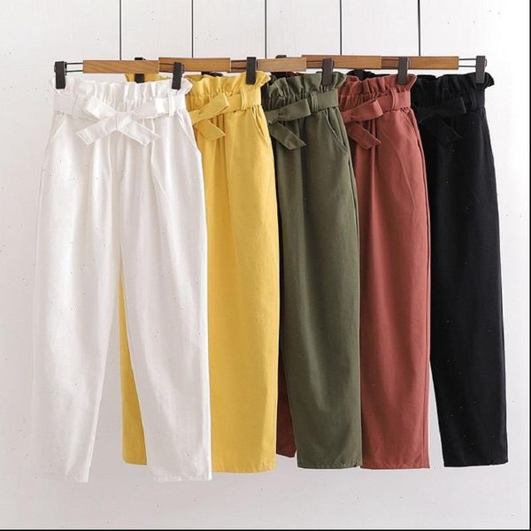 korean cotton vintage pants womens capri summer bow lace up elastic waist casual female all match harlan, Black;white 
korean cotton vintage pants womens capri summer bow lace up elastic waist casual female all match harlan, Black;white