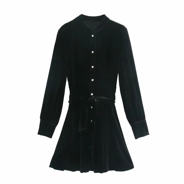 za 2021 autumn black velvet mini women vintage french elegant long sleeve woman fashion tie belt ladies dresses, Black;gray
za 2021 autumn black velvet mini women vintage french elegant long sleeve woman fashion tie belt ladies dresses, Black;gray
