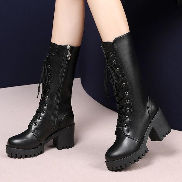 boots winter lace-up mid-tube women fashion trend square heel pu leather shoes 2021 mid-heel punk style, Black