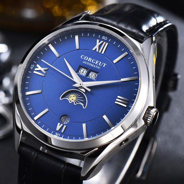 wristwatches corgeut 41mm automatic movement men watch moon phase date month waterproof leather strap wristwatch, Slivery;brown
wristwatches corgeut 41mm automatic movement men watch moon phase date month waterproof leather strap wristwatch, Slivery;brown
