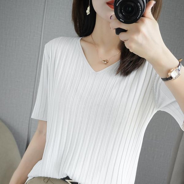 women's t-shirt pure cotton women 2021 summer v-neck sweater short-sleeved casual solid color pullover large size knitted tees, White
women's t-shirt pure cotton women 2021 summer v-neck sweater short-sleeved casual solid color pullover large size knitted tees, White