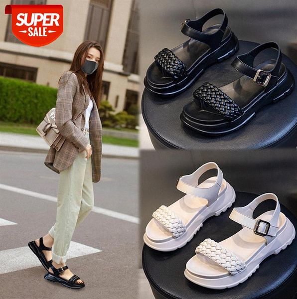 leather sandals female buckle wild fish mouth fairy style casual flat shoes #tj3c, Black