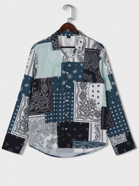 romwe guys paisley patchwork button front shirt f9mm#, White;black