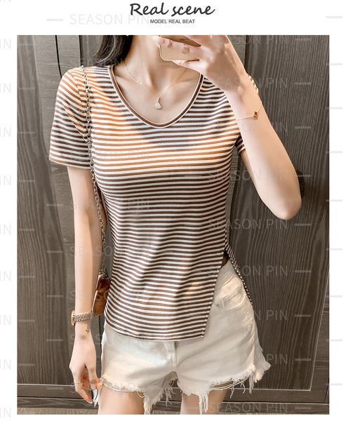 women's tees summer new fashion all-match loose round neck striped korean short-sleeved pure cotton t-shirt women7977, White
women's tees summer new fashion all-match loose round neck striped korean short-sleeved pure cotton t-shirt women7977, White