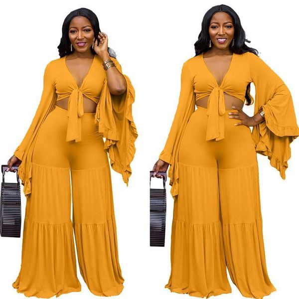 autumn ruffle long sleeve women tracksuits 2 piece solid color lace up v neck with floor length trouser, Gray
autumn ruffle long sleeve women tracksuits 2 piece solid color lace up v neck with floor length trouser, Gray