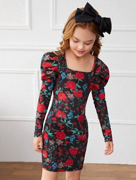 girls floral print gigot sleeve fitted dress she, Red;yellow