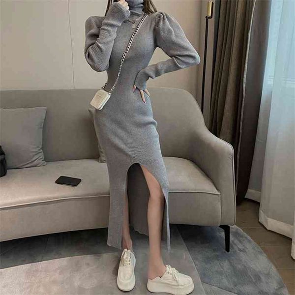 winter black elegant knitted dress women sweater high neck puff sleeve slim split mid-length dresses ladies (not including belt) 210514, Black;gray
winter black elegant knitted dress women sweater high neck puff sleeve slim split mid-length dresses ladies (not including belt) 210514, Black;gray