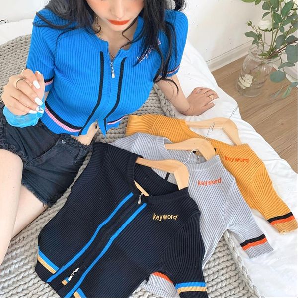women sweater o neck knitted patchwork short sleeve cropped zipper sweaters cardigans lady thin knit summer crop for female, White;black
women sweater o neck knitted patchwork short sleeve cropped zipper sweaters cardigans lady thin knit summer crop for female, White;black