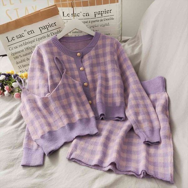 sweet plaid three piece womens tracksuits o neck single breasted long sleeved loose sweater with short strap two set skirt, Gray
sweet plaid three piece womens tracksuits o neck single breasted long sleeved loose sweater with short strap two set skirt, Gray