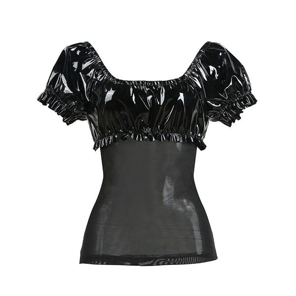 women's t-shirt 2021 summer women black wet look faux leather see through mesh short lantern sleeve ladies tees w391248, White
women's t-shirt 2021 summer women black wet look faux leather see through mesh short lantern sleeve ladies tees w391248, White