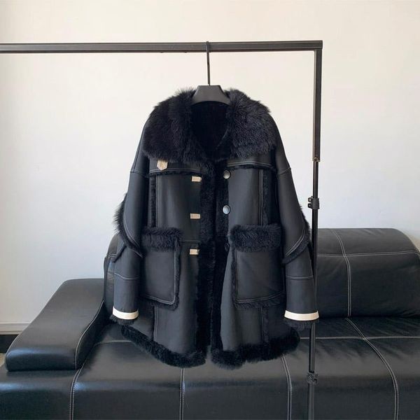 women's fur & faux tuscany lamb one piece coat winter 2021 heining leather medium length women luxury clothes, Black
women's fur & faux tuscany lamb one piece coat winter 2021 heining leather medium length women luxury clothes, Black